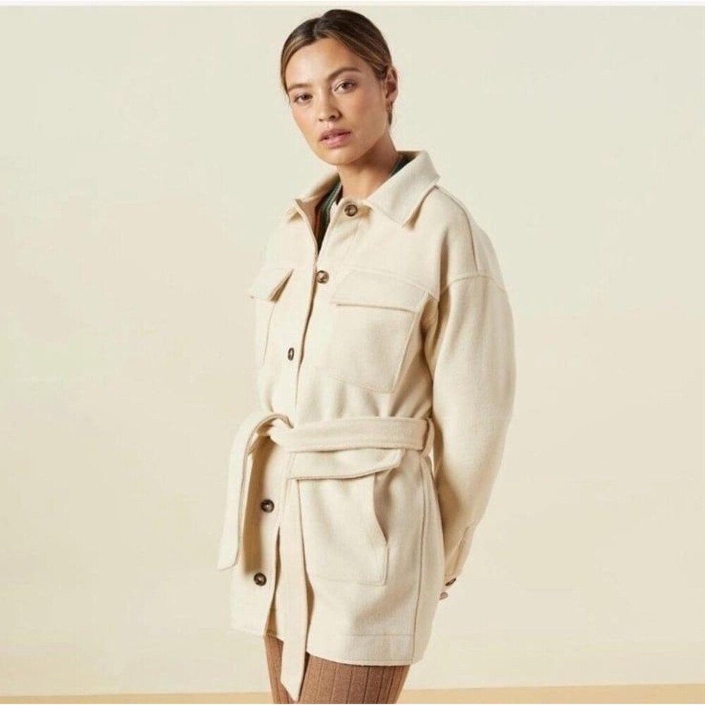 Monrow Cream Belted Wool Blend Safari Shacket Jacket Womens Small